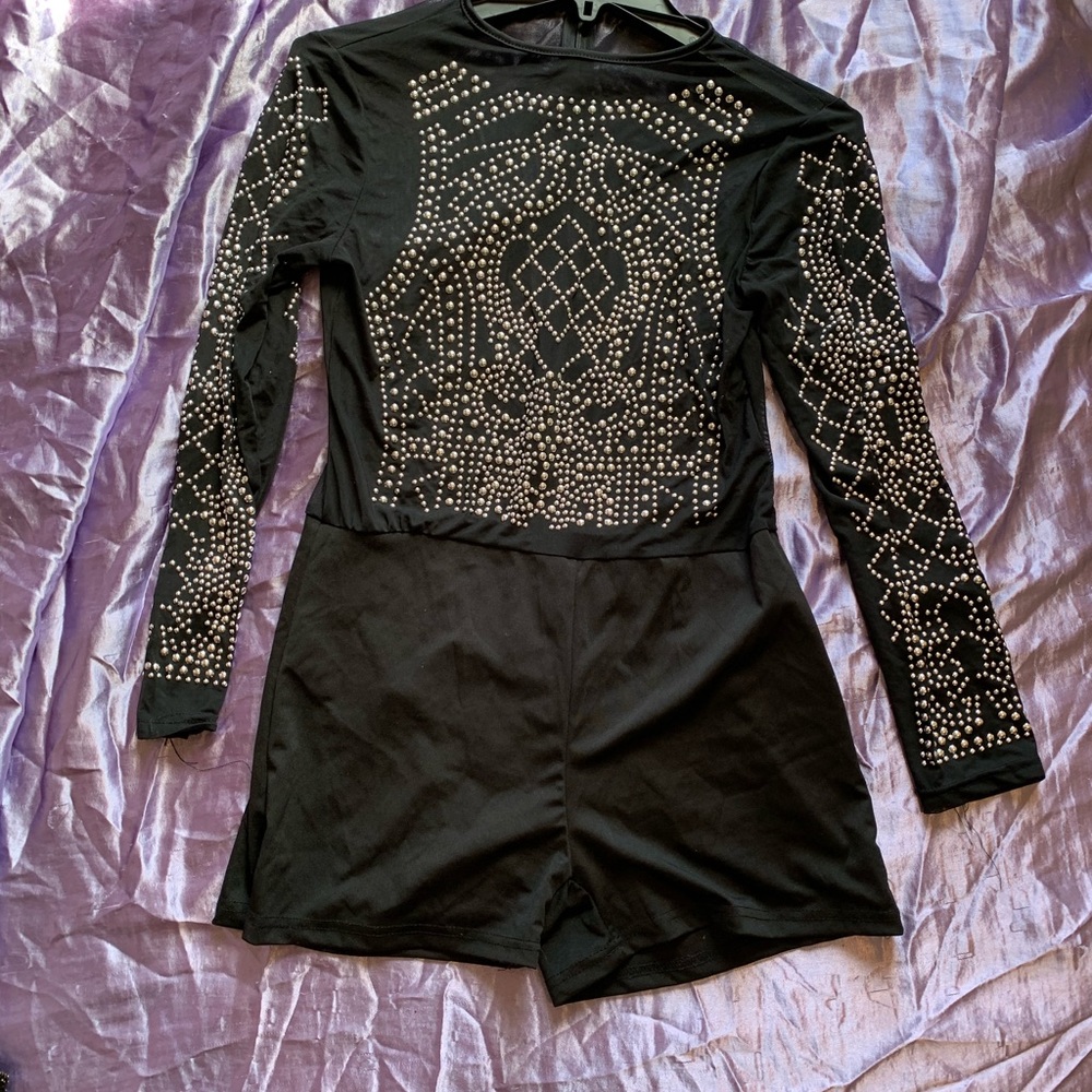 Black Sheer and Embroidered Romper With Shorts Size Large Stretchy